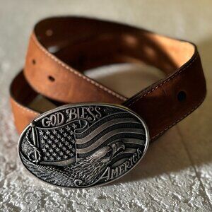 JUSTIN Brown Leather Belt NOCONA Buckle "God Bless America" USA Patriotic Rodeo